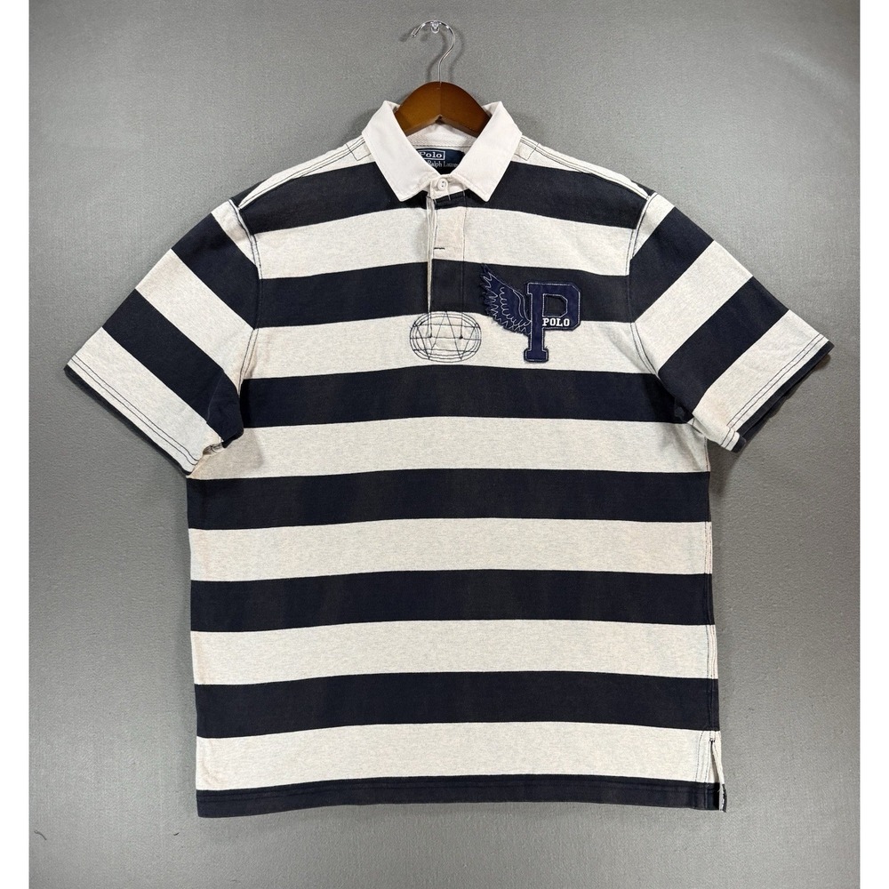VTG Polo Ralph Lauren Mens Short Sleeve P-Wing Striped Rugby Shirt Size XL